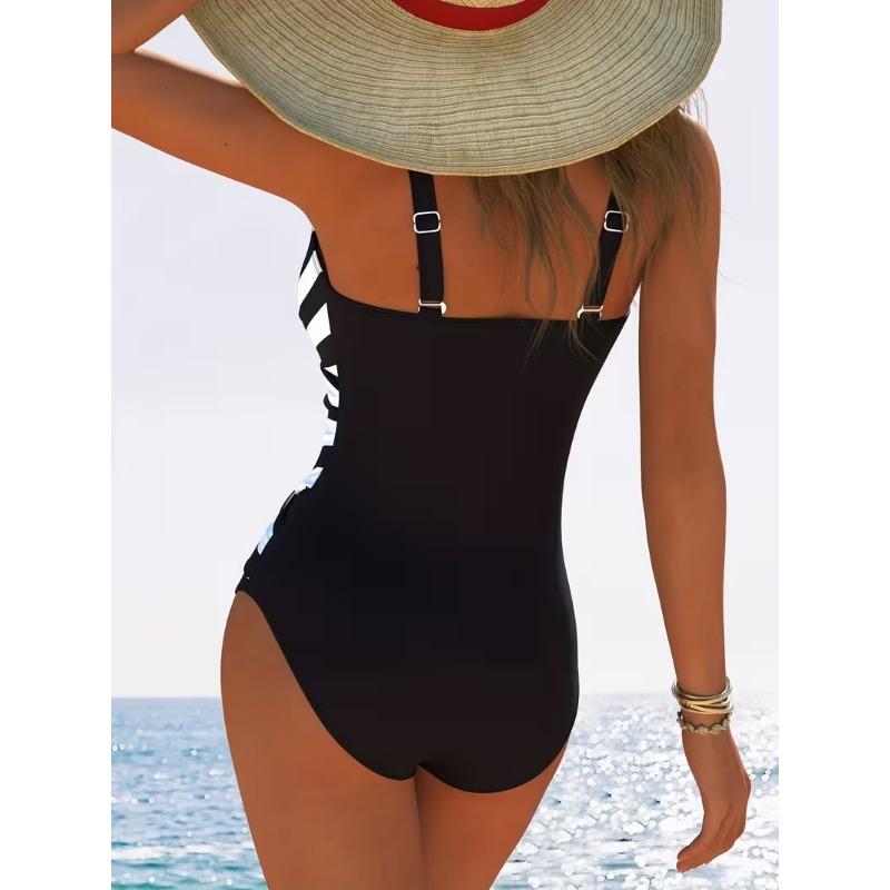 Women's Striped Color Block One Piece Swimsuit Tummy Control Cross Front Bathing Suit