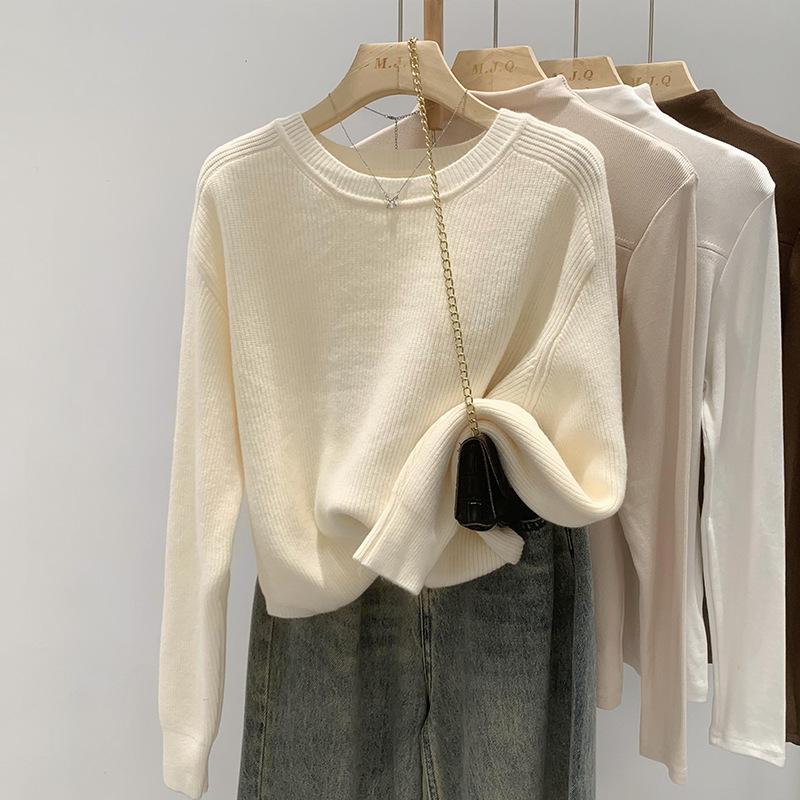 Spring simple and versatile loose and thin round neck long-sleeved knitted sweater for women's lazy commuting temperament inner sweater