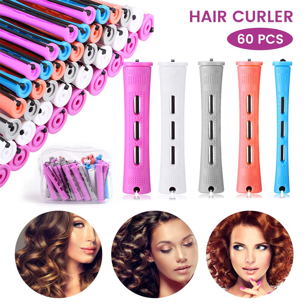 60Pcs Perm Curlers 5 Sizes Perming Bars Salon Rubber Band Hair Rollers Cold Perm Curler Bars Hair Clip Curling Fluffy Wavy Hair