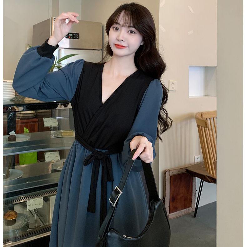 2026 Autumn Korean Style Elegant Waist-cinching Slim Fit French Retro Patchwork Midi Dress