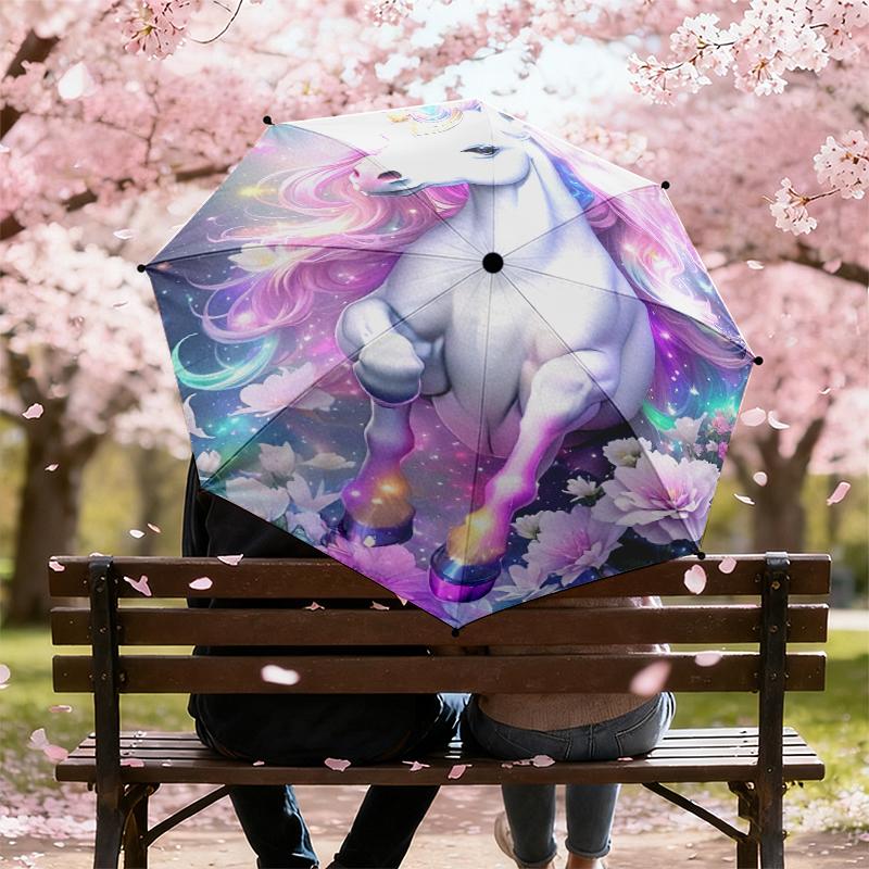 1pc Dreamy Rainbow Unicorn Umbrella Portable Folding Umbrella Iron Frame Hole Bone Structure Outdoor Home Umbrella