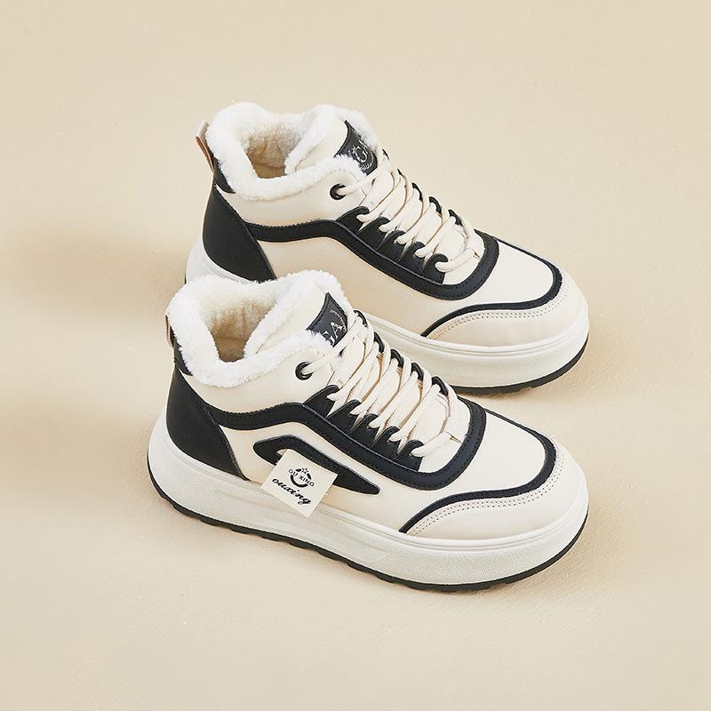 Botas de Neve Quentes de Inverno para Mulheres Tênis Plataforma Robusta Antiderrapante com Forro de Pelo Sintético Cadarço Botinhas Curtas Confortáveis para Mulheres