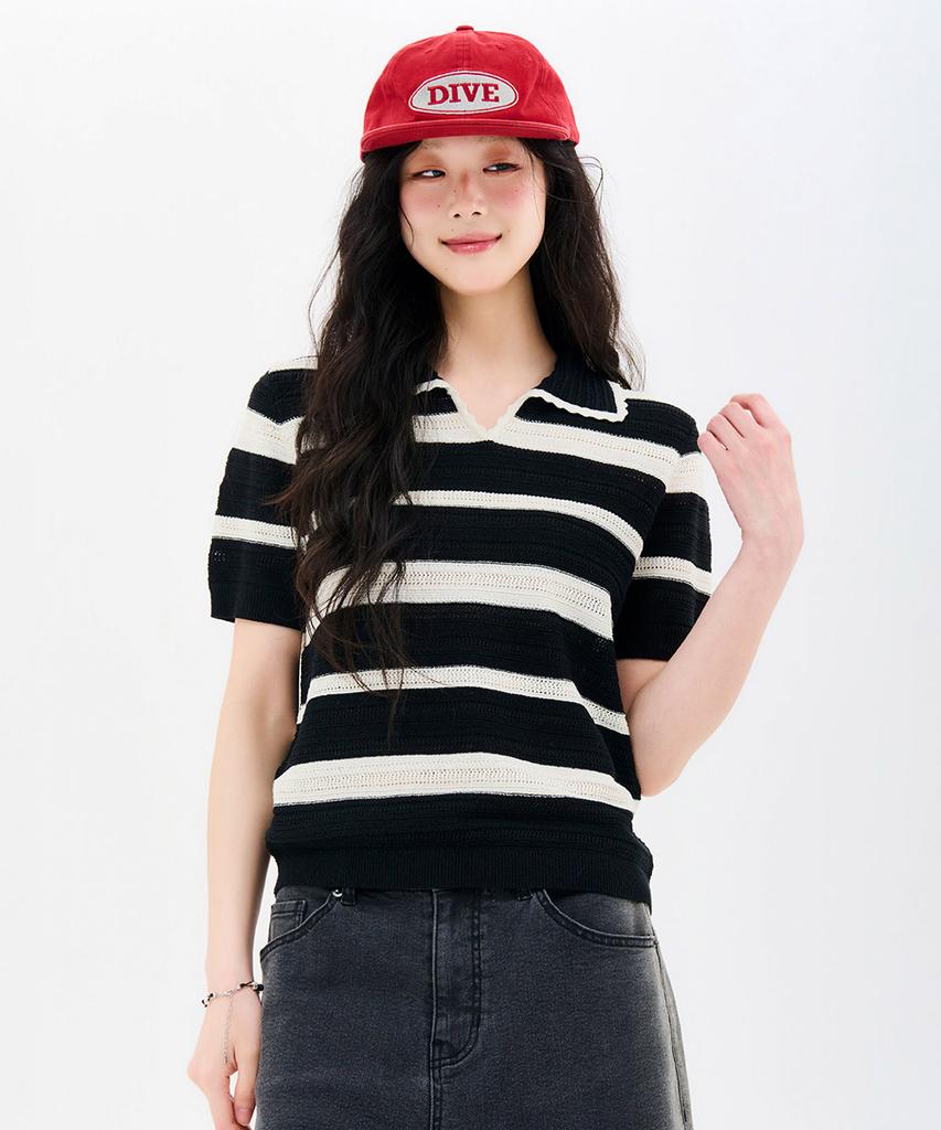 CHASECULT Women'S Striped Open Collar Short Sleeve Summer Knit-Fbrg5672D03