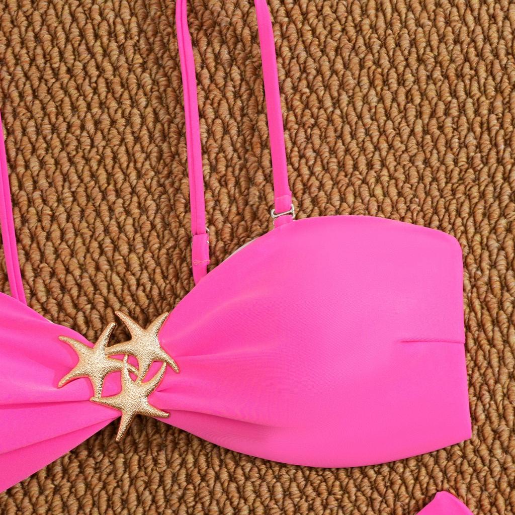 Sexy Metal Starfish Ornament Bikini Women Hot Pink Pleate Push Up High Waist Swimwear Beach Bathing Suit Holiday Swimsuit