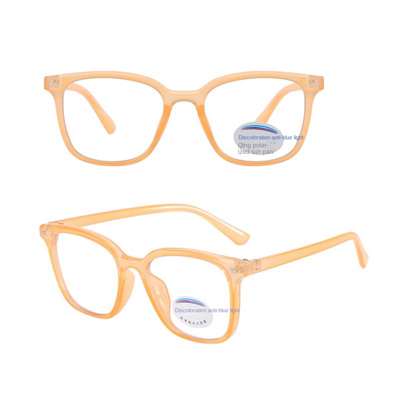 Photochromic Square Rice Nail Children's Eyeframe Color Change Anti Blue Light Flat Mirror Glasses Cute Boys And Girls