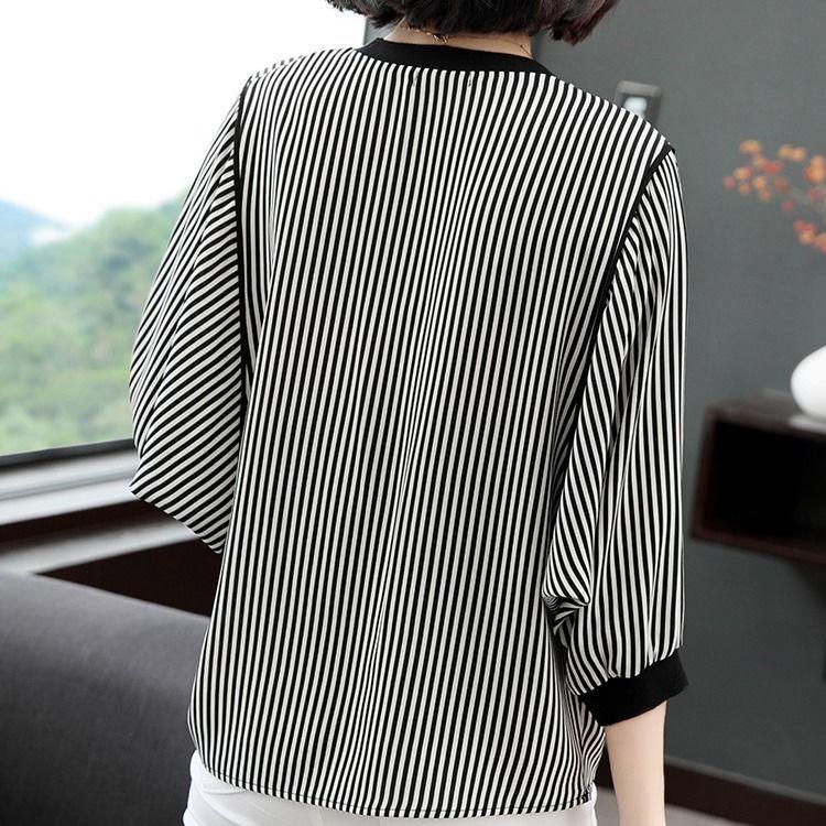 Black White Striped T-shirt Women Summer Loose Korean 3/4 Sleeve Top Round Collar Bottoming Shirt M-4XL
