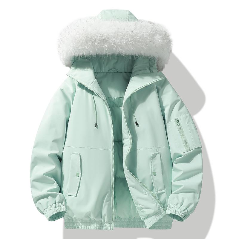 Winter Cotton Hooded Jacket with Removable Fur Collar - Windproof, Warm, and Lightweight for Couples