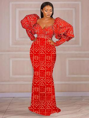 Mermaid Printed Dresses Women V Neck Long Lantern Sleeve Red High Waist Women Evening Party Long Prom Outfits for Ladies