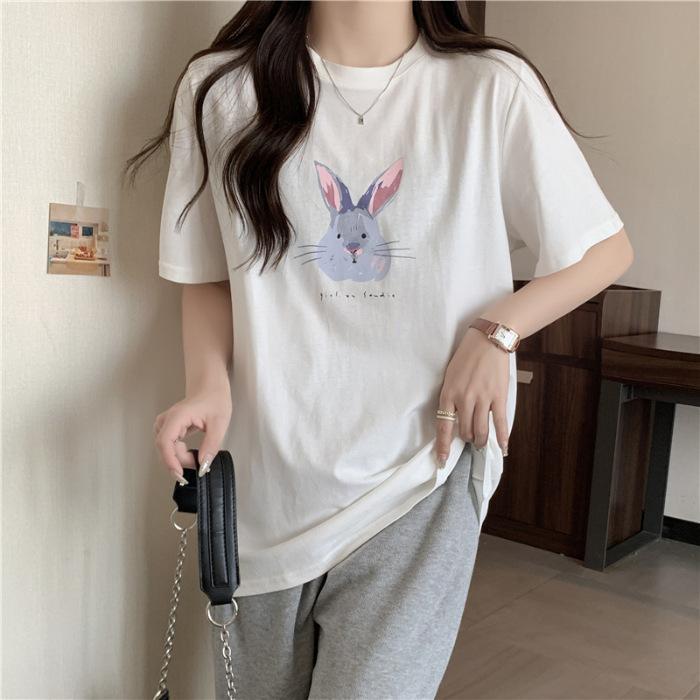 

Японская милая футболка с принтом кролика, белая, хлопковая, с коротким рукавом, женская, свободная, летняя, тонкая, студенческая, с рукавом до локтя, трендовая S
