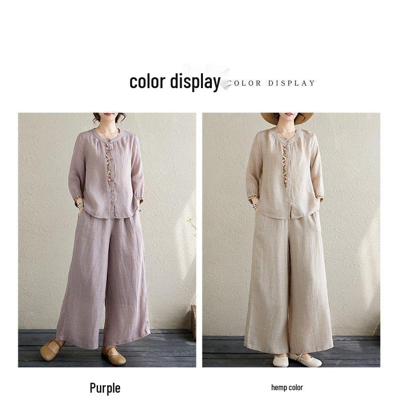 Plus Size Women's Cotton Linen Embroidered Two-Piece Set - Spring Fashion