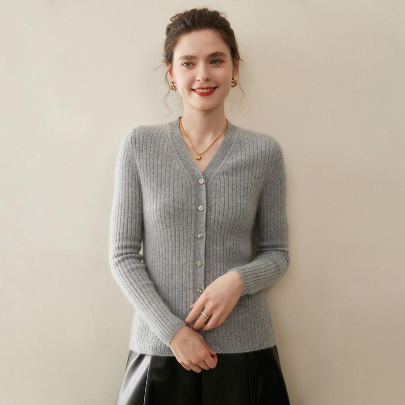 Cardigan Elegante de Color Sólido para Mujer, 100% Cachemir, Cuello en V - Capa Otoño/Invierno