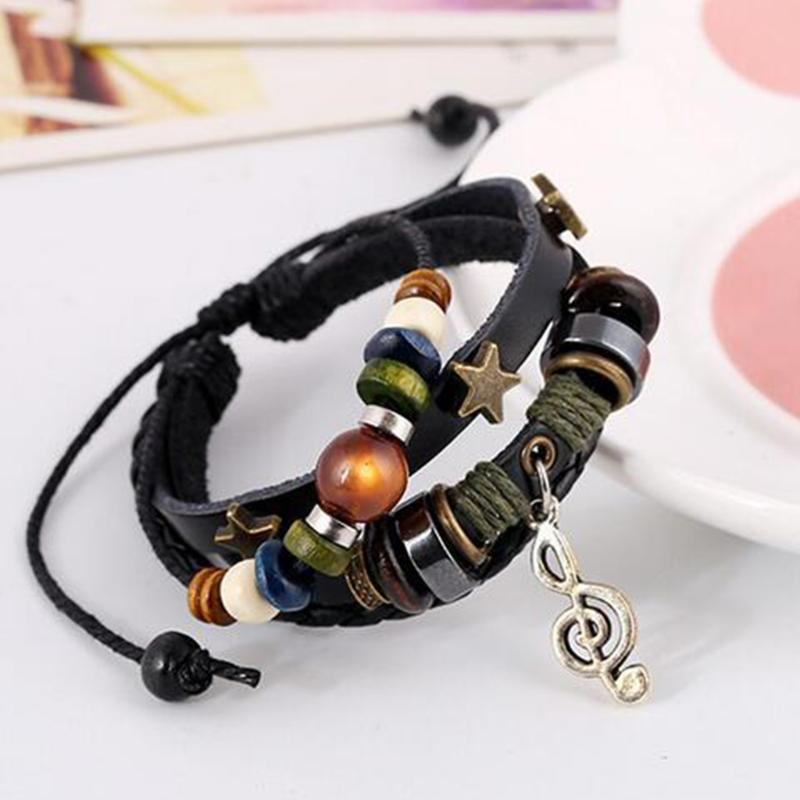 Multilayer Leather Bracelet Handmade Beaded Bracelet Musical Note Bracelet Vintage Hollow Star Bracelet (Multicolor)