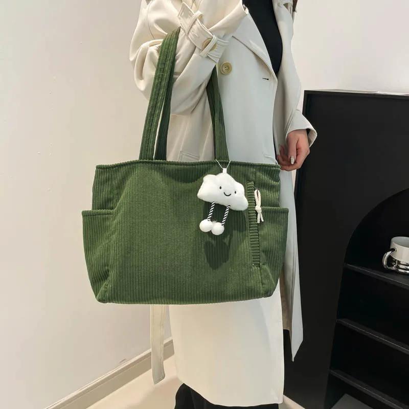 Large Capacity Women's Casual Tote Bag Vintage Corduroy Ladies Shoulder Bags Solid Color Female Portable Shopping Handbags