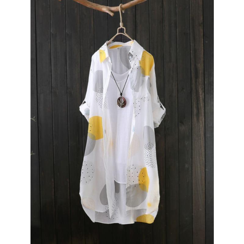 Long Sleeve Thigh Length Blouse Allover Print Button Front Blouse, Casual Long Sleeve Thigh Length Blouse For Spring & Fall, Women's Clothing