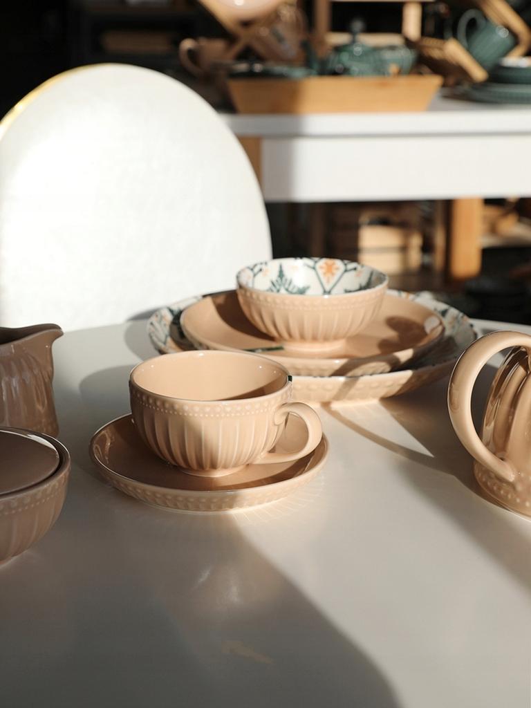 CERAMIC CUP WITH SAUCER 250ml FOR COFFEE AND TEA, MOSAIQUE BEIGE LINE