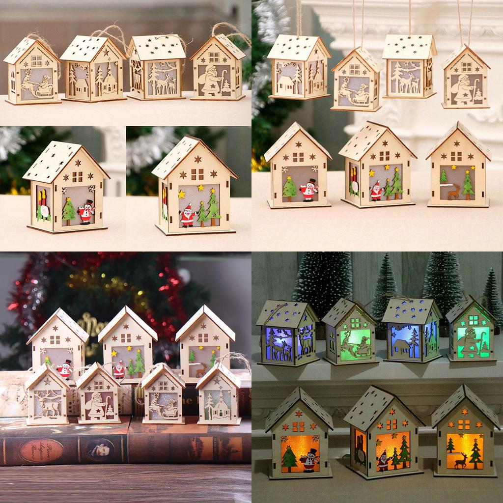 Elegant Led Light Wood House Ornament For Christmas Tree Hanging Decor