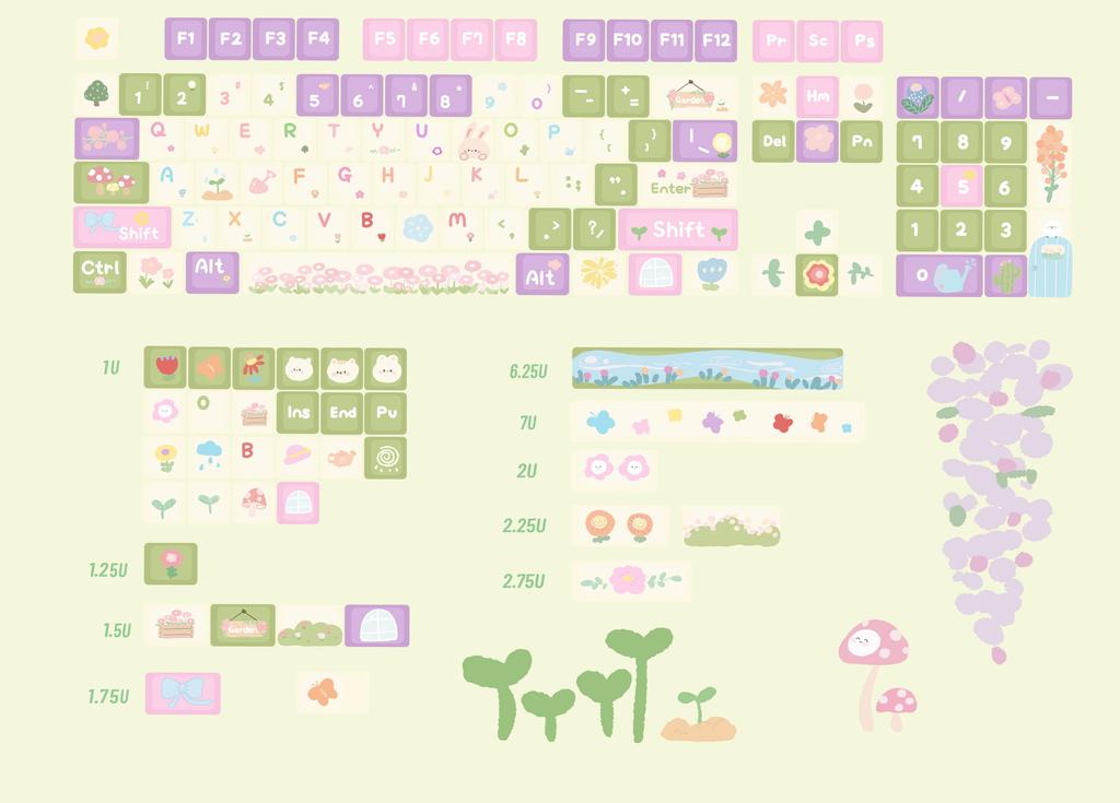Small Garden Cherry Keycaps Cute Pbt Five-Sided Sublimation 138Keys7U/2.25U Space Bar L Shape Enter Key Alice Layout Keycaps