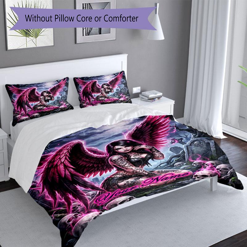 3pcs Custom Name Gothic Angel Skulls Night Bedding Set Printed Bedding Set Duvet Cover Closure Includes 1 Duvet Cover & 2 Pillowcases Bedroom Decor