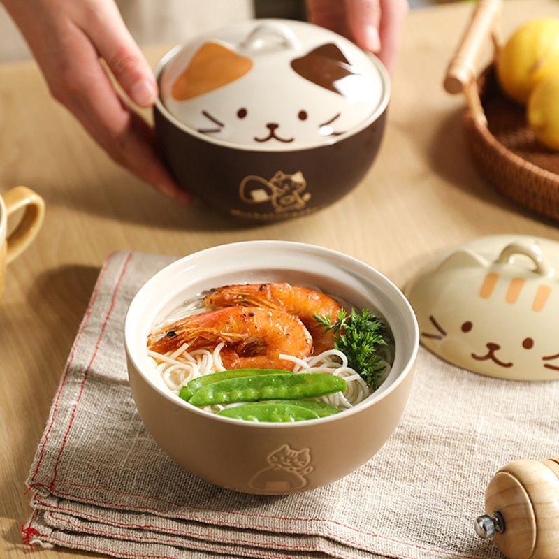 Japanese Cat Ceramic Noodle Bowl with Lid – Cute Ramen, Noodle, and Soup Bowl for Home or Gift