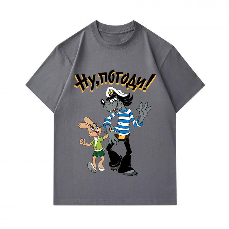 Men's 100% Cotton Crew Neck Short Sleeve T-Shirt, Funny Soviet Cartoon Wolf Hare Nu Pogodi Printed Casual Lightweight Graphic Tee for Daily Wear