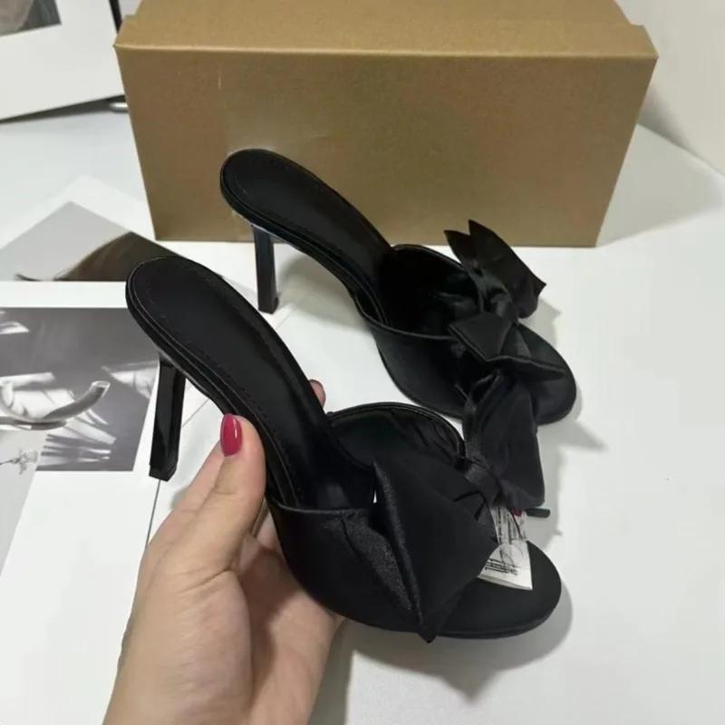 Temperament Stiletto Slippers Summer New Round Toe Open Toe Bow Cover Foot Non-slip Wear-resistant One-line High Heel Shoes