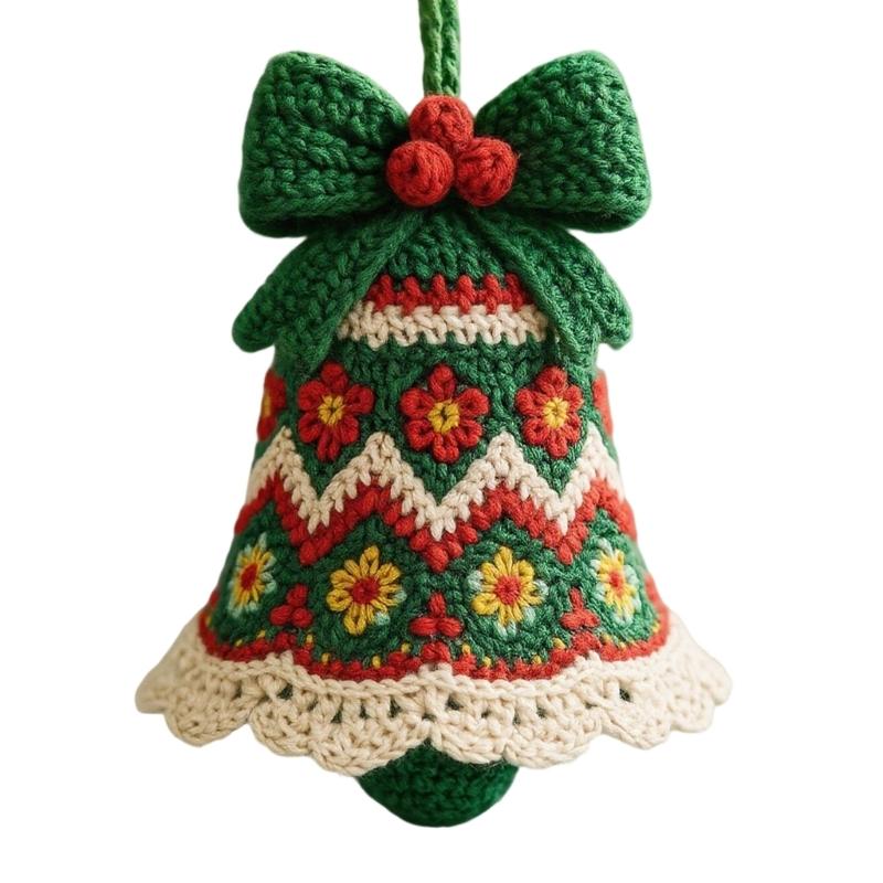 

Crochet Holiday Bells Decoration Handcraft Washable Soft Yarn For Tree Car Door Hanging Gift зелений