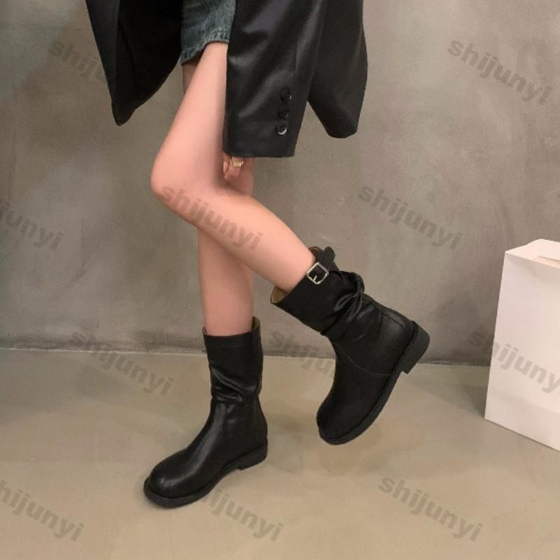 Fashion Women Round Toe Pile Chunky Heel Ankle Boots Comfortable Lightweight Fashion Mid-calf Knight Boots Autumn Casual Outdoor Shoes