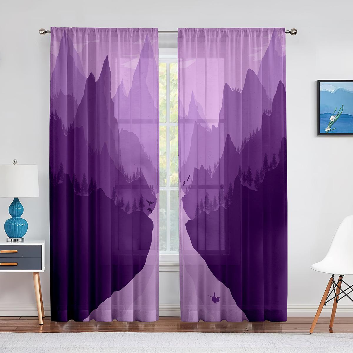 Тюлевые шторы с фиолетовым цветком и полем одинокого дерева — фото 9