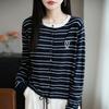 Spring and Autumn's New Multi-color Round-neck Knitted Cardigan with Long Sleeves and Striped Embroidered Hearts