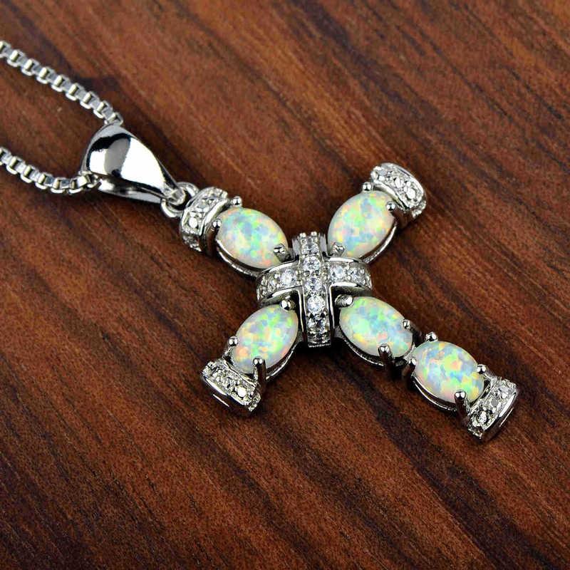 Opal Cross Pendant Necklace Women Copper Chain With White Blue Rose Gold Gemstone 45cm5cm Adjustable Geometric Design