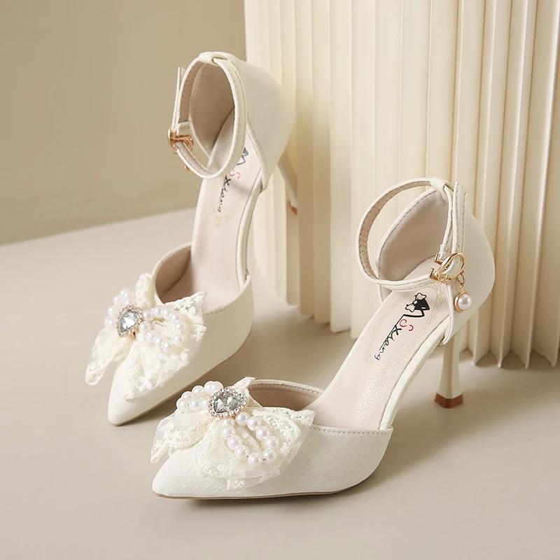 Fashion Hot Selling 2025 Summer New Fashion Bow Sandals Women's Pointed Thin Heel Buckle Fairy Style French Style High Heels