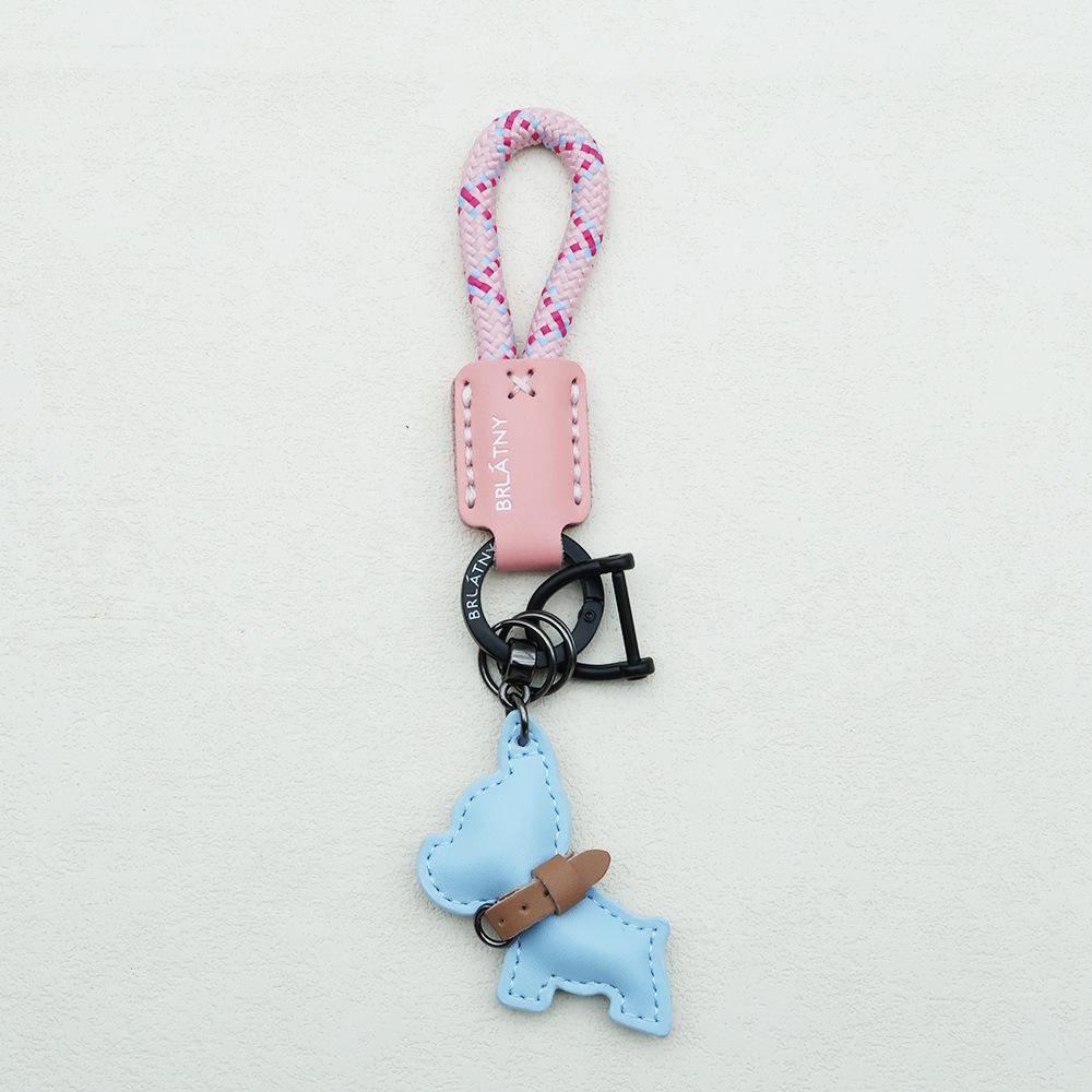 Handmade French Bulldog Genuine Leather Keychain with Anti-Lost Woven Rope Lanyard.