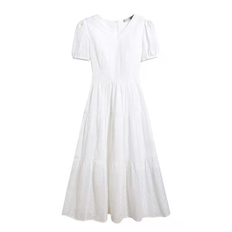 2025 Elegant White V-Neck Jacquard Summer Dress for Women - High Waist, Gentle Style, Long Moonlight Design