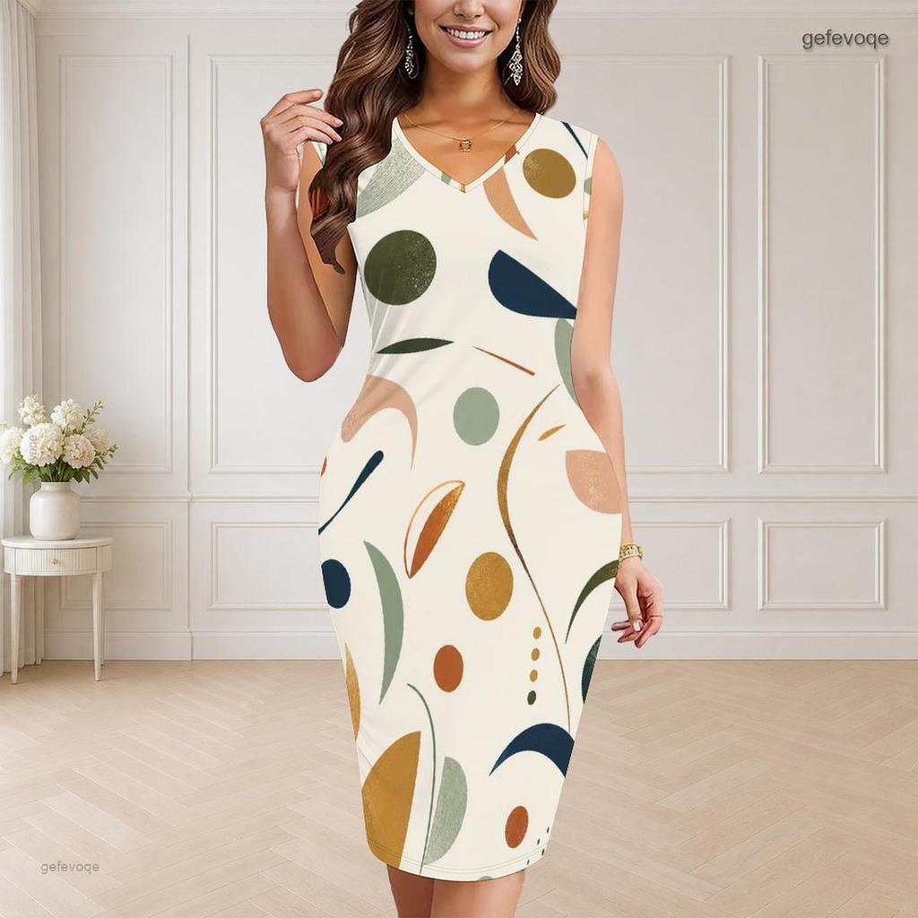 Women Plus Size V Neck Sleeveless Abstract Geometric Printed Bodycon Midi Dress