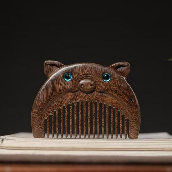 Portable Black Gold Sandalwood Zodiac Mini Comb with Blue-Eyed Carved Flower Design