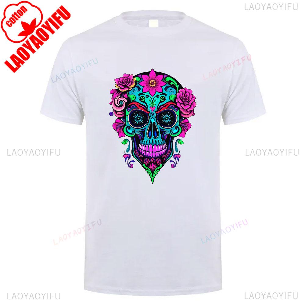 Cotton Summer Short Sleeve Mexican Skull Unisex Tee Round Neck Breathable Vintage Pattern Graphic Shortsleeved Launched Top