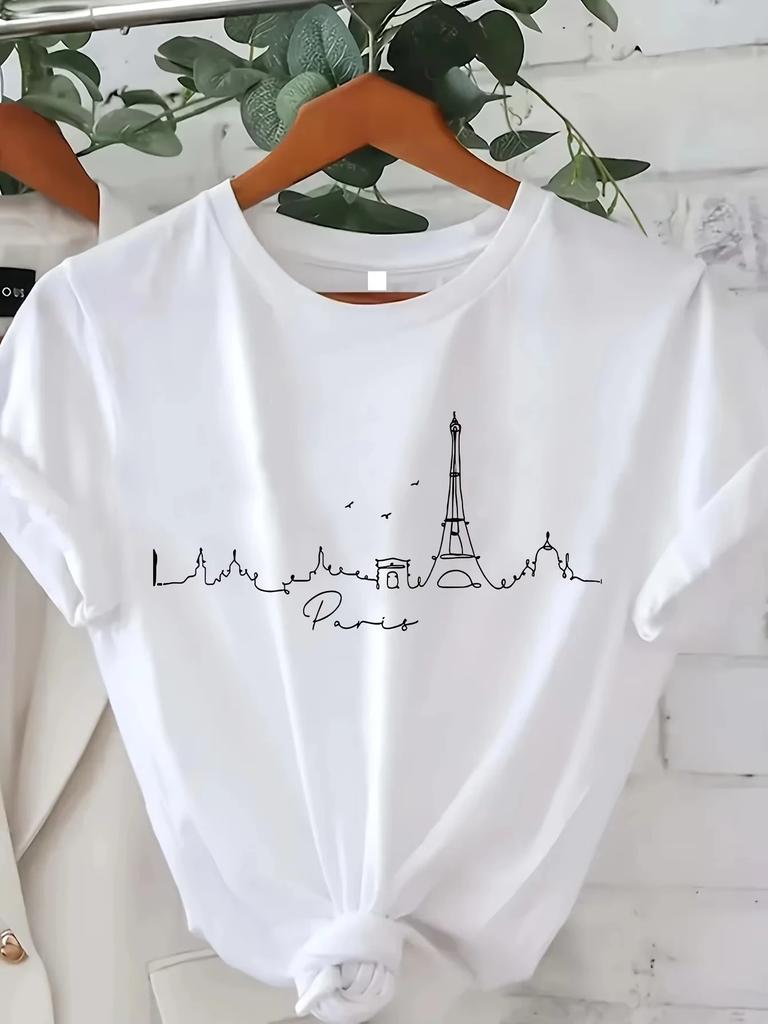 Vintage Elegant O-neck Short Sleeved 2D T-shirt Paris Tower Printed Top High-quality Comfortable And Minimalist Women's Clothing