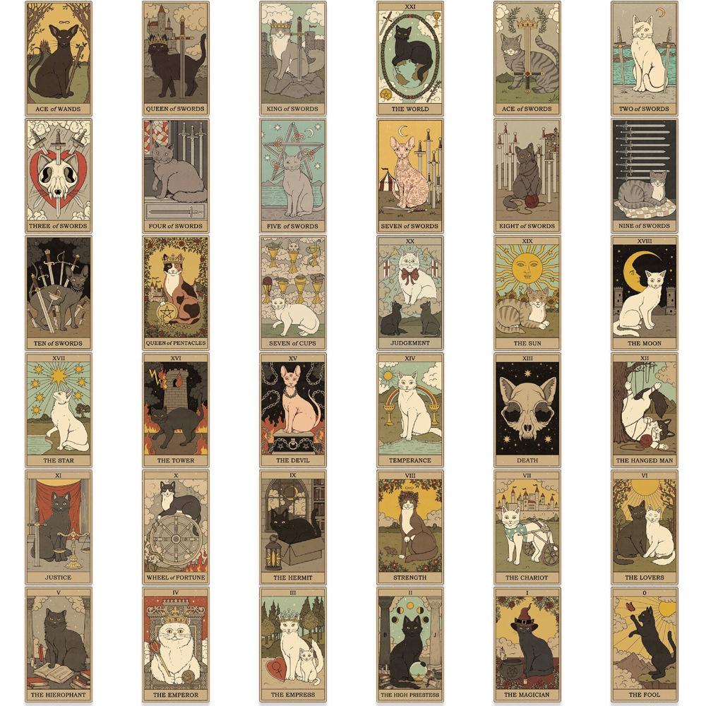 Cute Cartoon Cat Tarot Card Stickers Waterproof Retro Style Suitable For Luggage Skateboards Computers Tablets