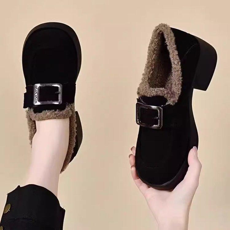 Thick-soled heightening matte soft-soled loafers, velvet warm and warm wool cotton shoes in autumn 35