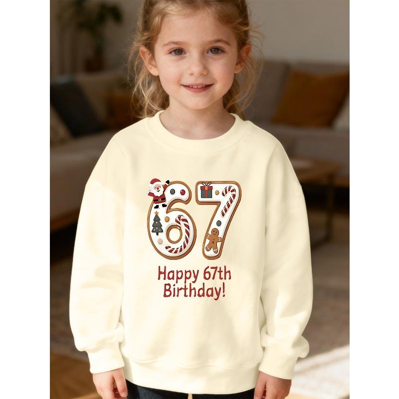 Kids Unisex Crewneck Sweatshirt, Christmas Gingerbread Number 67 Happy 67th Birthday Print Xmas Gift Soft Pullover For Boys Girls Over 4 Years Old