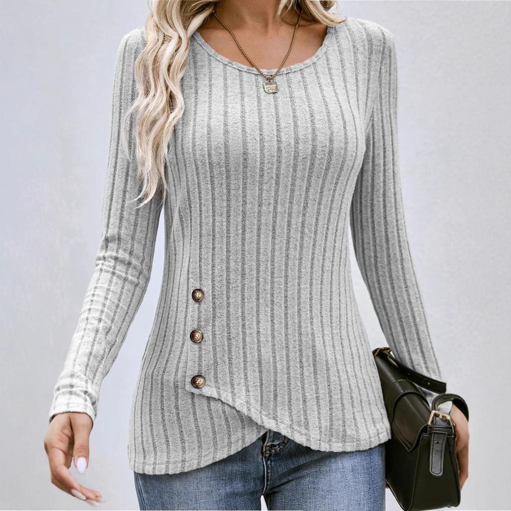 Women's Ribbed Knit Long Sleeve Top Asymmetrical Button Detail Crew Neck Slim Fit Casual Blouse