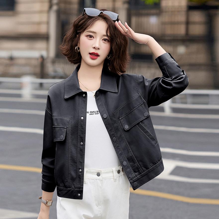 Short leather jacket women's spring and autumn new small temperament casual versatile lapel leather jacket