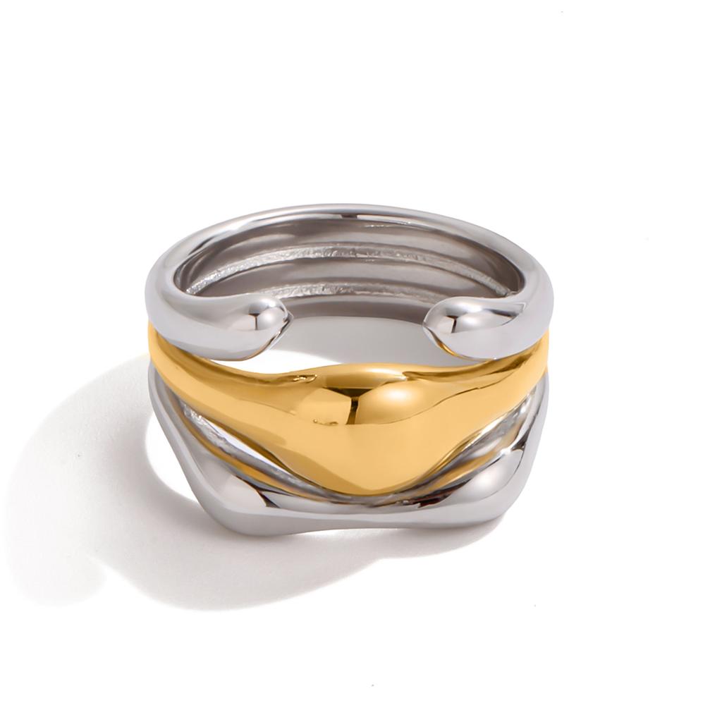 Youthway Fashionable Color-Block Design Smooth Irregular Ring Stainless Steel  Gold Color Multi-Layer Women'S Waterproof Ring