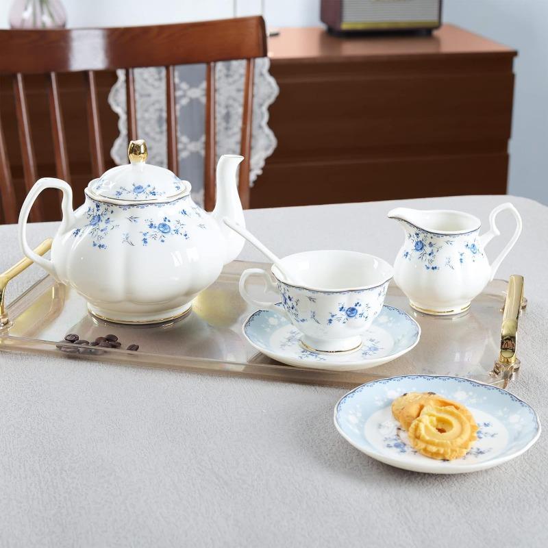 15 Piece e Porcelain Tea Set, British Floral Teapot with Tea Cups, Women Tea Party Set for 6