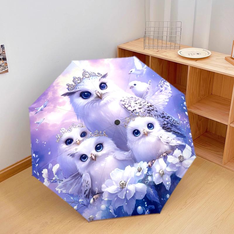 1 PC Automatic Folding Umbrella - Magical Snowy Owl Pattern, Portable & Foldable Design with 8 Ribs, Christmas Birthday Gifts