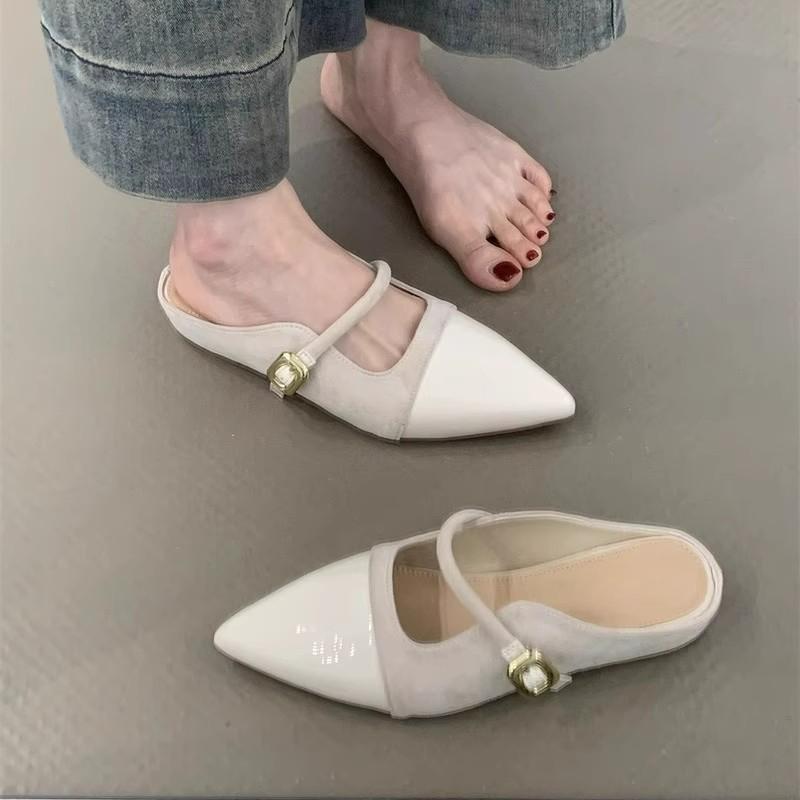 Fashion Low Heel Baotou Slippers Summer New Pointed Head Splicing Flannelette Metal Buckle Anti-slip Wear-resistant Flat Shoes