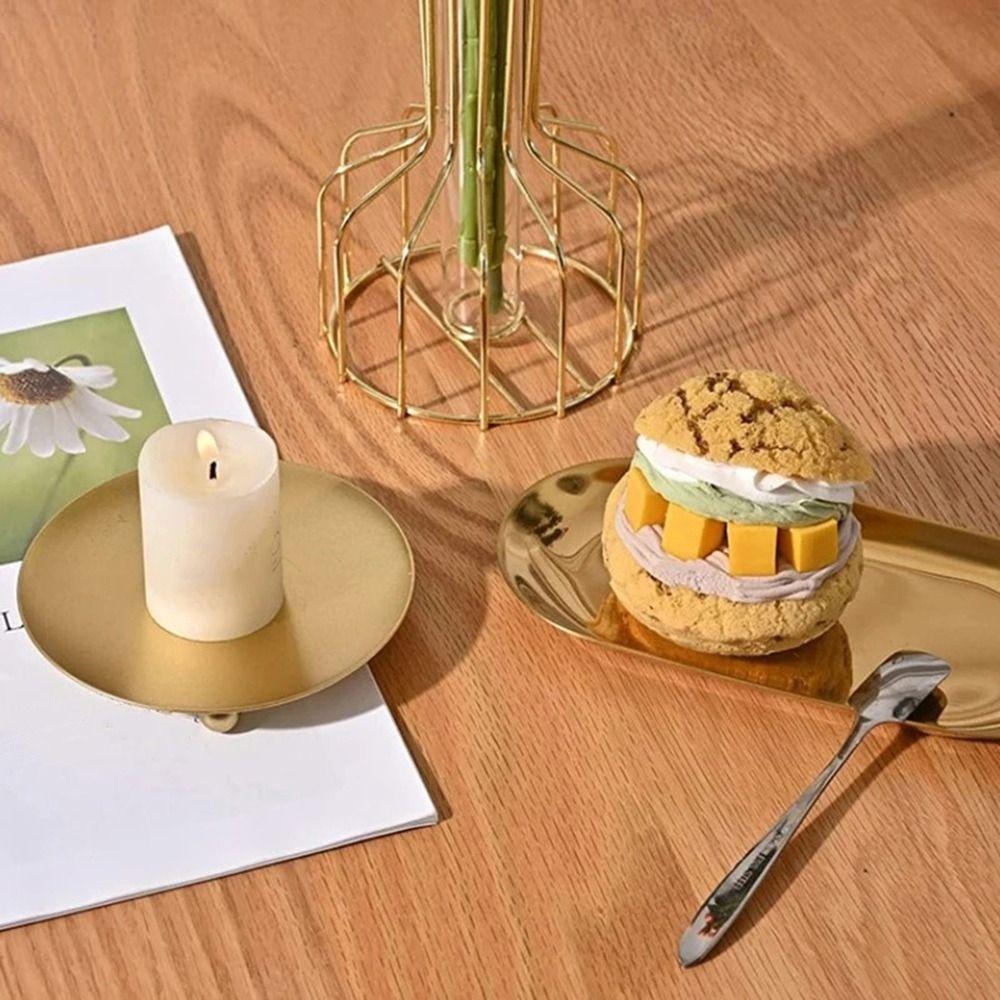 Round Pillar Metal Plate Golden Festival Candlestick Holder Simple Candle Base Tray for Home