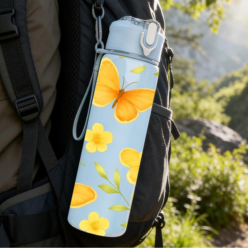 1PC Yellow Butterfly Floral Background Print 750ml Color Plastic Sports Water Bottle Leakproof Flip Straw Lid Suitable for Sports Office Home Use