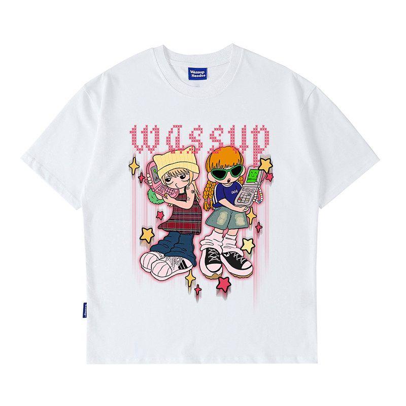 Wassup Heods Music Girl Trendy Brand Heavyweight Short-Sleeve T-Shirt for Men, Summer Loose Round Neck National Trend Couple T-Shirt