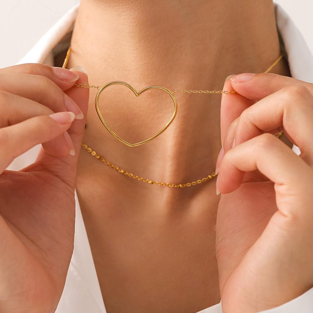 Large Heart Pendant Necklace For Women Stainless Steel 18K Gold Plated Waterproof No Tarnish Women's Charm Neck Chain Necklaces